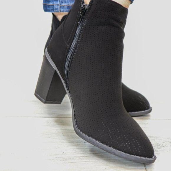 Black Perforated Design Ankle Heeled Boots - Picture 13 of 16